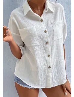 Sale Women's Shirt Cotton Linen Shirts Button Up Blouse Plain Basic Casual Short Sleeve Shirt Collar Regular Tops Holiday Going out Buttons Pocket Black White Navy Blue Khaki Gray Summer Women Shirts