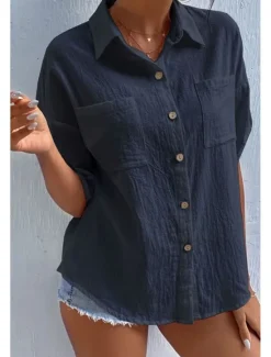 Sale Women's Shirt Cotton Linen Shirts Button Up Blouse Plain Basic Casual Short Sleeve Shirt Collar Regular Tops Holiday Going out Buttons Pocket Black White Navy Blue Khaki Gray Summer Women Shirts