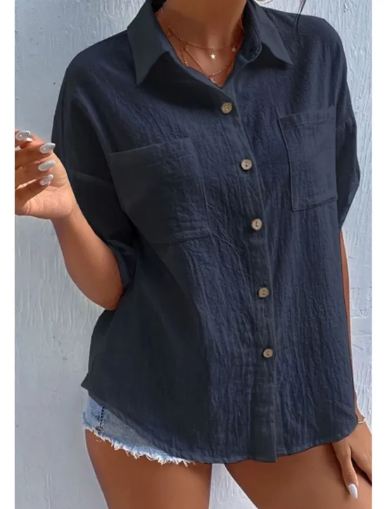 Sale Women's Shirt Cotton Linen Shirts Button Up Blouse Plain Basic Casual Short Sleeve Shirt Collar Regular Tops Holiday Going out Buttons Pocket Black White Navy Blue Khaki Gray Summer Women Shirts