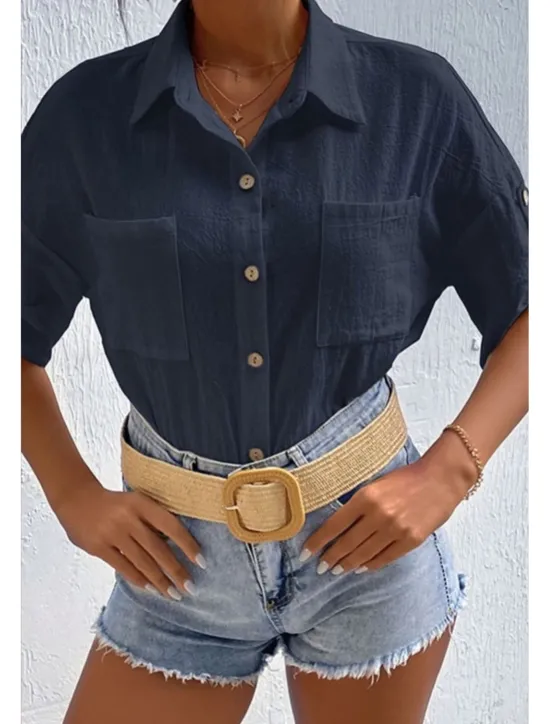 Sale Women's Shirt Cotton Linen Shirts Button Up Blouse Plain Basic Casual Short Sleeve Shirt Collar Regular Tops Holiday Going out Buttons Pocket Black White Navy Blue Khaki Gray Summer Women Shirts