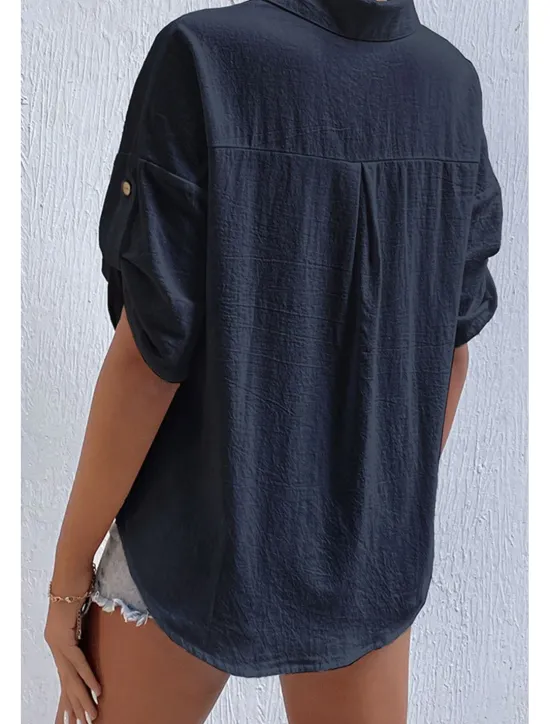 Sale Women's Shirt Cotton Linen Shirts Button Up Blouse Plain Basic Casual Short Sleeve Shirt Collar Regular Tops Holiday Going out Buttons Pocket Black White Navy Blue Khaki Gray Summer Women Shirts