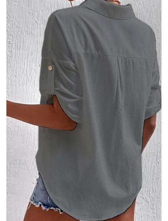 Sale Women's Shirt Cotton Linen Shirts Button Up Blouse Plain Basic Casual Short Sleeve Shirt Collar Regular Tops Holiday Going out Buttons Pocket Black White Navy Blue Khaki Gray Summer Women Shirts