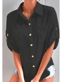 Sale Women's Shirt Cotton Linen Shirts Button Up Blouse Plain Basic Casual Short Sleeve Shirt Collar Regular Tops Holiday Going out Buttons Pocket Black White Navy Blue Khaki Gray Summer Women Shirts