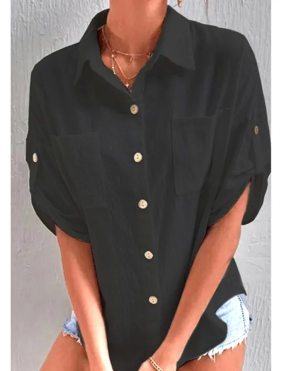 Sale Women's Shirt Cotton Linen Shirts Button Up Blouse Plain Basic Casual Short Sleeve Shirt Collar Regular Tops Holiday Going out Buttons Pocket Black White Navy Blue Khaki Gray Summer Women Shirts