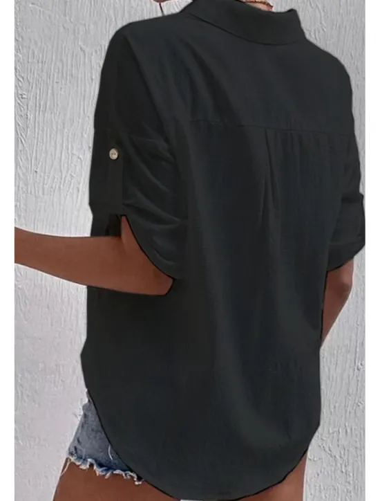 Sale Women's Shirt Cotton Linen Shirts Button Up Blouse Plain Basic Casual Short Sleeve Shirt Collar Regular Tops Holiday Going out Buttons Pocket Black White Navy Blue Khaki Gray Summer Women Shirts