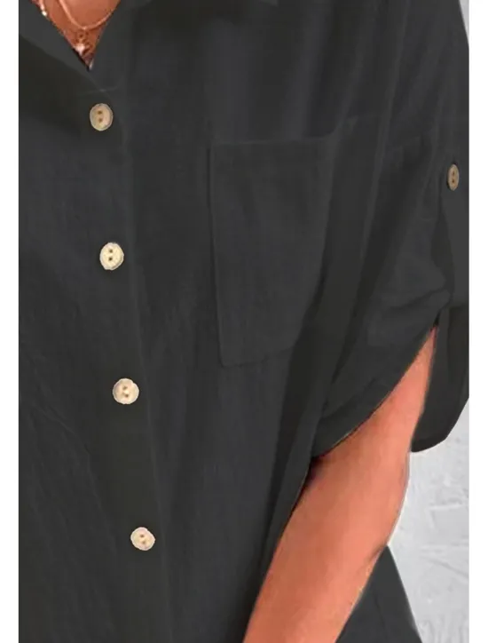 Sale Women's Shirt Cotton Linen Shirts Button Up Blouse Plain Basic Casual Short Sleeve Shirt Collar Regular Tops Holiday Going out Buttons Pocket Black White Navy Blue Khaki Gray Summer Women Shirts