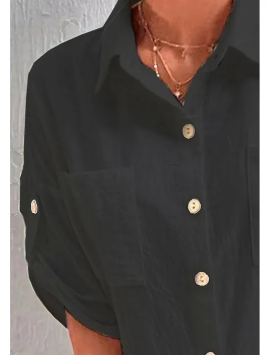 Sale Women's Shirt Cotton Linen Shirts Button Up Blouse Plain Basic Casual Short Sleeve Shirt Collar Regular Tops Holiday Going out Buttons Pocket Black White Navy Blue Khaki Gray Summer Women Shirts