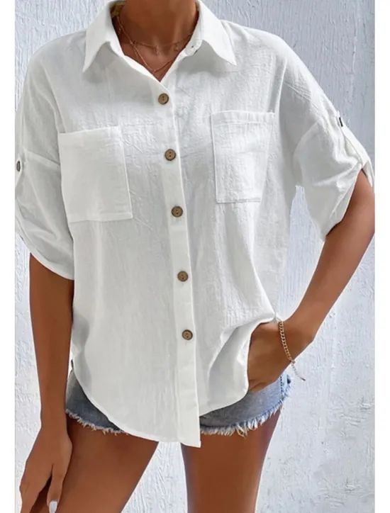 Sale Women's Shirt Cotton Linen Shirts Button Up Blouse Plain Basic Casual Short Sleeve Shirt Collar Regular Tops Holiday Going out Buttons Pocket Black White Navy Blue Khaki Gray Summer Women Shirts
