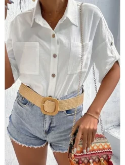 Sale Women's Shirt Cotton Linen Shirts Button Up Blouse Plain Basic Casual Short Sleeve Shirt Collar Regular Tops Holiday Going out Buttons Pocket Black White Navy Blue Khaki Gray Summer Women Shirts