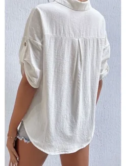 Sale Women's Shirt Cotton Linen Shirts Button Up Blouse Plain Basic Casual Short Sleeve Shirt Collar Regular Tops Holiday Going out Buttons Pocket Black White Navy Blue Khaki Gray Summer Women Shirts