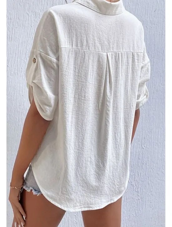 Sale Women's Shirt Cotton Linen Shirts Button Up Blouse Plain Basic Casual Short Sleeve Shirt Collar Regular Tops Holiday Going out Buttons Pocket Black White Navy Blue Khaki Gray Summer Women Shirts