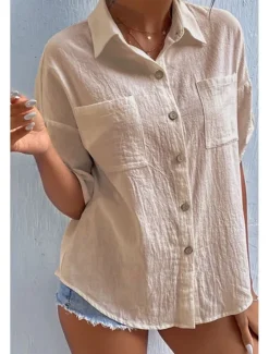 Sale Women's Shirt Cotton Linen Shirts Button Up Blouse Plain Basic Casual Short Sleeve Shirt Collar Regular Tops Holiday Going out Buttons Pocket Black White Navy Blue Khaki Gray Summer Women Shirts