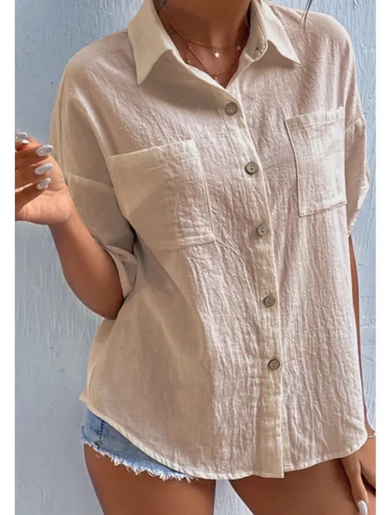 Sale Women's Shirt Cotton Linen Shirts Button Up Blouse Plain Basic Casual Short Sleeve Shirt Collar Regular Tops Holiday Going out Buttons Pocket Black White Navy Blue Khaki Gray Summer Women Shirts