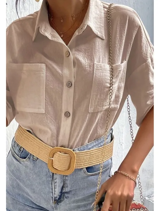 Sale Women's Shirt Cotton Linen Shirts Button Up Blouse Plain Basic Casual Short Sleeve Shirt Collar Regular Tops Holiday Going out Buttons Pocket Black White Navy Blue Khaki Gray Summer Women Shirts