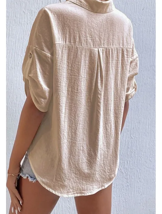 Sale Women's Shirt Cotton Linen Shirts Button Up Blouse Plain Basic Casual Short Sleeve Shirt Collar Regular Tops Holiday Going out Buttons Pocket Black White Navy Blue Khaki Gray Summer Women Shirts