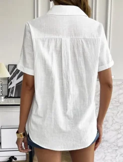 Outlet Women's Shirt Cotton Linen Shirts Button Up Blouse Solid Color Stylish Casual Short Sleeve Shirt Collar Regular Tops Daily Buttons White Blue Summer Spring Women Shirts