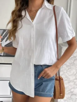 Outlet Women's Shirt Cotton Linen Shirts Button Up Blouse Solid Color Stylish Casual Short Sleeve Shirt Collar Regular Tops Daily Buttons White Blue Summer Spring Women Shirts