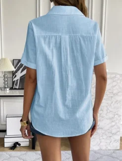 Outlet Women's Shirt Cotton Linen Shirts Button Up Blouse Solid Color Stylish Casual Short Sleeve Shirt Collar Regular Tops Daily Buttons White Blue Summer Spring Women Shirts