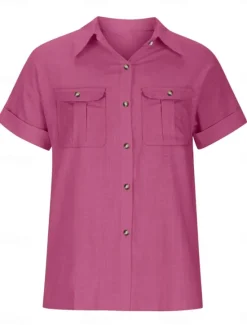 Women's Shirt Cotton Linen Shirts Button Up Blouse Solid Color Stylish Casual Short Sleeve Shirt Collar Regular Tops Daily Buttons Pocket Silver Army Green Rose Pink Summer Women Shirts