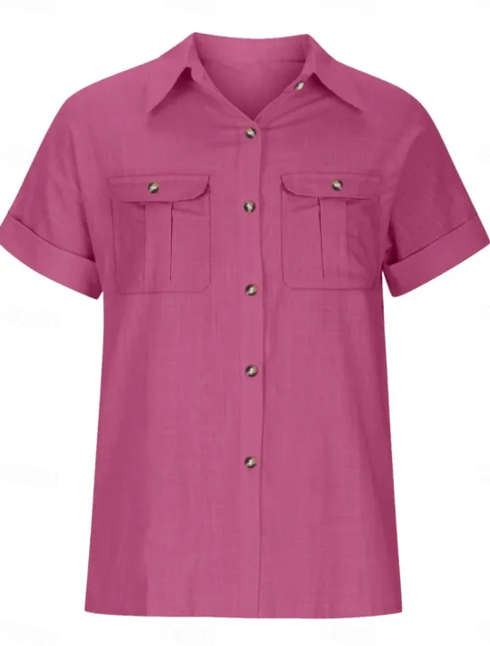Women's Shirt Cotton Linen Shirts Button Up Blouse Solid Color Stylish Casual Short Sleeve Shirt Collar Regular Tops Daily Buttons Pocket Silver Army Green Rose Pink Summer Women Shirts
