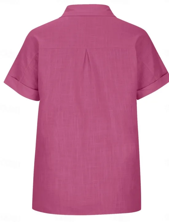 Women's Shirt Cotton Linen Shirts Button Up Blouse Solid Color Stylish Casual Short Sleeve Shirt Collar Regular Tops Daily Buttons Pocket Silver Army Green Rose Pink Summer Women Shirts