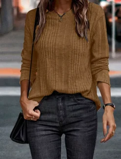 Sale Women's Shirt Crew Neck Textured Top Work Daily Daily Stylish Modern Long Sleeve Red Fall Winter Women Pullovers & Tops