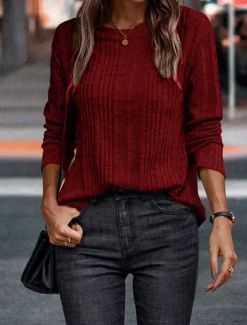 Sale Women's Shirt Crew Neck Textured Top Work Daily Daily Stylish Modern Long Sleeve Red Fall Winter Women Pullovers & Tops