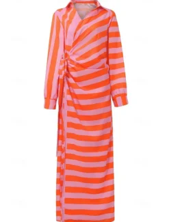 New Women's Shirt Dress Bodycon Wrap Dress Maxi long Dress Outdoor Daily Fashion Boho Shirt Collar Ruched Split Long Sleeve Summer Fall Spring 2023 Regular Fit Orange Green Women Casual Dress