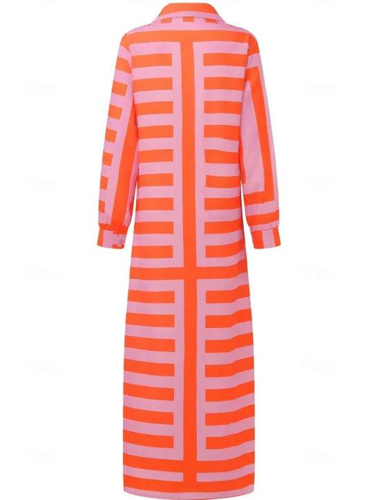 New Women's Shirt Dress Bodycon Wrap Dress Maxi long Dress Outdoor Daily Fashion Boho Shirt Collar Ruched Split Long Sleeve Summer Fall Spring 2023 Regular Fit Orange Green Women Casual Dress
