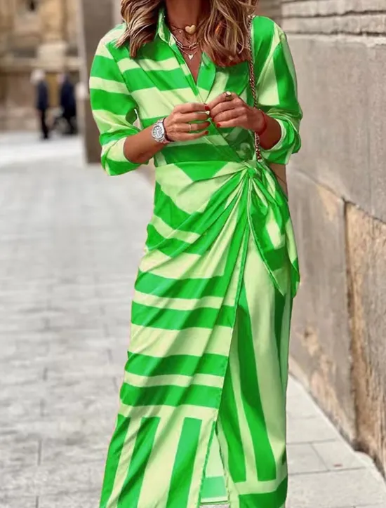 New Women's Shirt Dress Bodycon Wrap Dress Maxi long Dress Outdoor Daily Fashion Boho Shirt Collar Ruched Split Long Sleeve Summer Fall Spring 2023 Regular Fit Orange Green Women Casual Dress