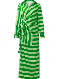 New Women's Shirt Dress Bodycon Wrap Dress Maxi long Dress Outdoor Daily Fashion Boho Shirt Collar Ruched Split Long Sleeve Summer Fall Spring 2023 Regular Fit Orange Green Women Casual Dress