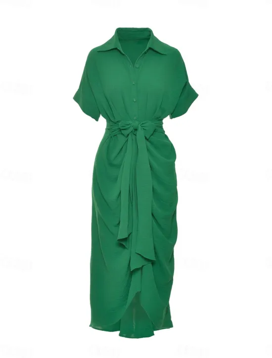 Best Women's Shirt Dress Casual Dress Sheath Dress Midi Dress Date Vacation Basic Modern Shirt Collar Ruched Button Short Sleeve Summer Spring Loose Fit Plain Women White Dresses