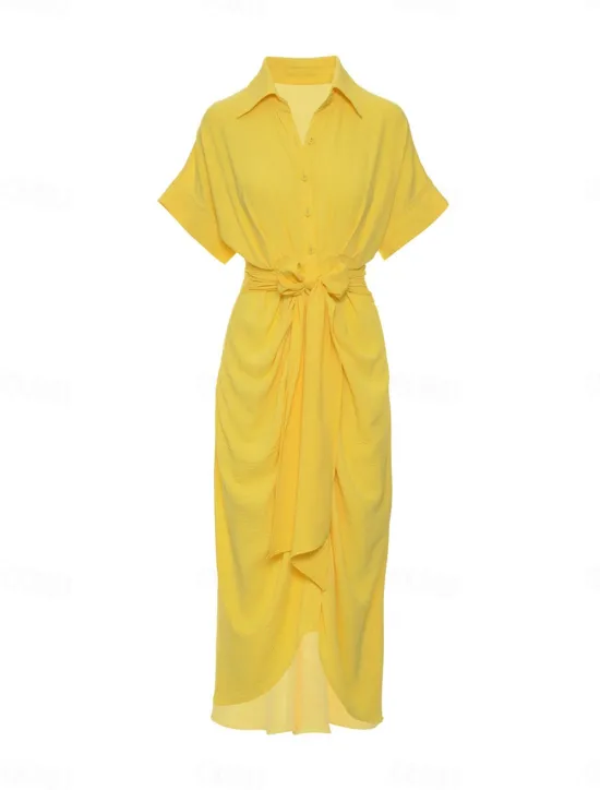 Best Women's Shirt Dress Casual Dress Sheath Dress Midi Dress Date Vacation Basic Modern Shirt Collar Ruched Button Short Sleeve Summer Spring Loose Fit Plain Women White Dresses