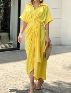 Best Women's Shirt Dress Casual Dress Sheath Dress Midi Dress Date Vacation Basic Modern Shirt Collar Ruched Button Short Sleeve Summer Spring Loose Fit Plain Women White Dresses