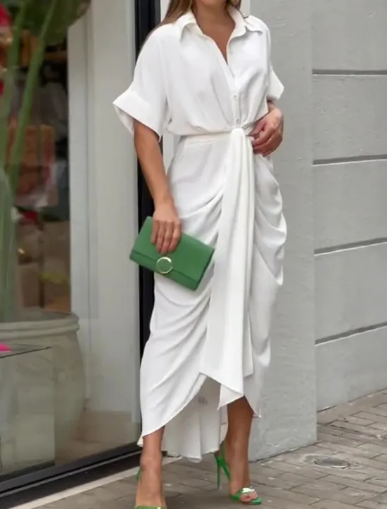 Best Women's Shirt Dress Casual Dress Sheath Dress Midi Dress Date Vacation Basic Modern Shirt Collar Ruched Button Short Sleeve Summer Spring Loose Fit Plain Women White Dresses