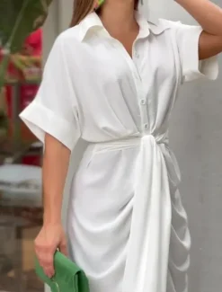 Best Women's Shirt Dress Casual Dress Sheath Dress Midi Dress Date Vacation Basic Modern Shirt Collar Ruched Button Short Sleeve Summer Spring Loose Fit Plain Women White Dresses