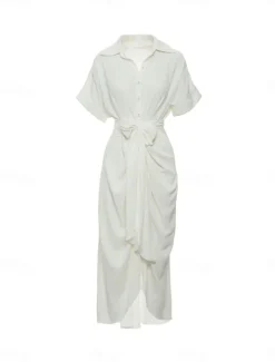 Best Women's Shirt Dress Casual Dress Sheath Dress Midi Dress Date Vacation Basic Modern Shirt Collar Ruched Button Short Sleeve Summer Spring Loose Fit Plain Women White Dresses