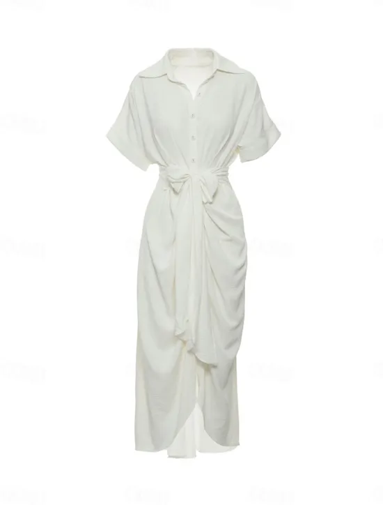 Best Women's Shirt Dress Casual Dress Sheath Dress Midi Dress Date Vacation Basic Modern Shirt Collar Ruched Button Short Sleeve Summer Spring Loose Fit Plain Women White Dresses