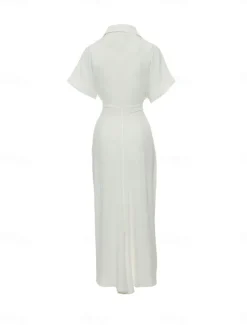 Best Women's Shirt Dress Casual Dress Sheath Dress Midi Dress Date Vacation Basic Modern Shirt Collar Ruched Button Short Sleeve Summer Spring Loose Fit Plain Women White Dresses