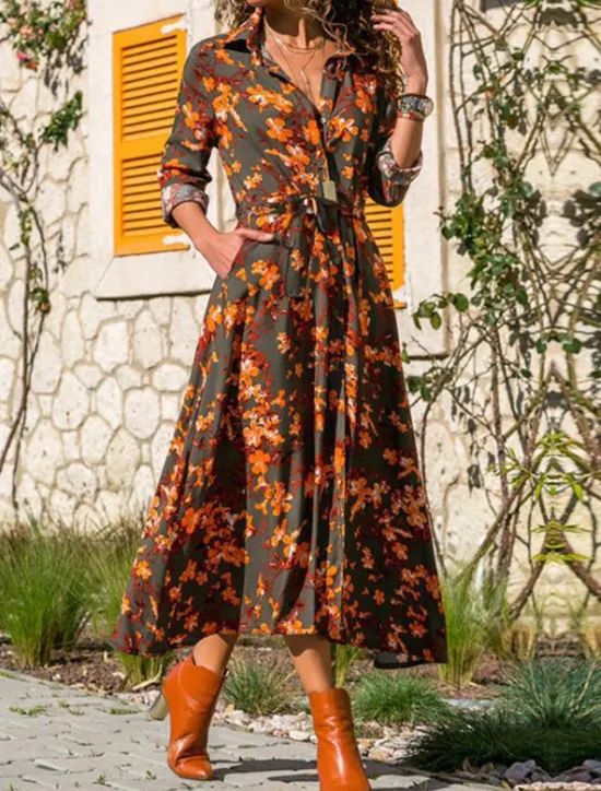 Sale Women's Shirt Dress Casual Dress Tunic Dress Midi Dress Outdoor Daily Date Basic Classic Shirt Collar Button Print 3/4 Length Sleeve Spring Fall Loose Fit Floral Women Casual Dress