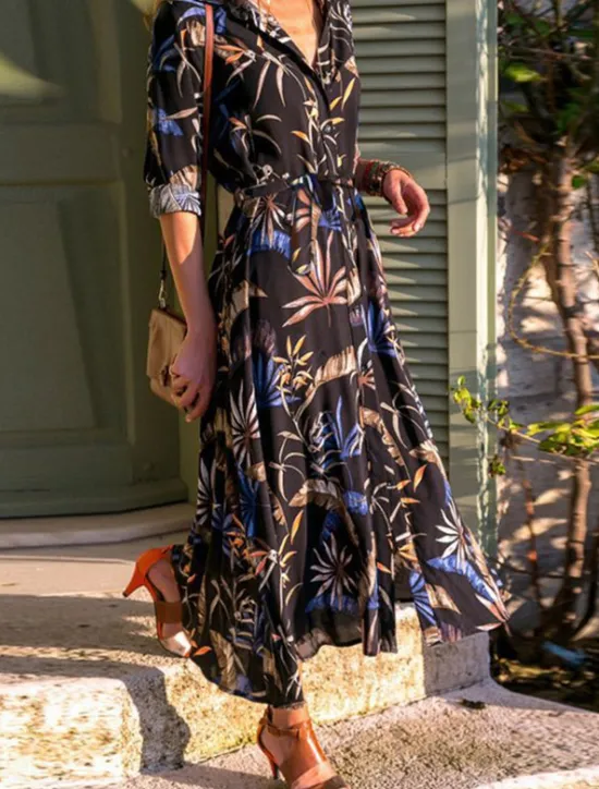 Sale Women's Shirt Dress Casual Dress Tunic Dress Midi Dress Outdoor Daily Date Basic Classic Shirt Collar Button Print 3/4 Length Sleeve Spring Fall Loose Fit Floral Women Casual Dress