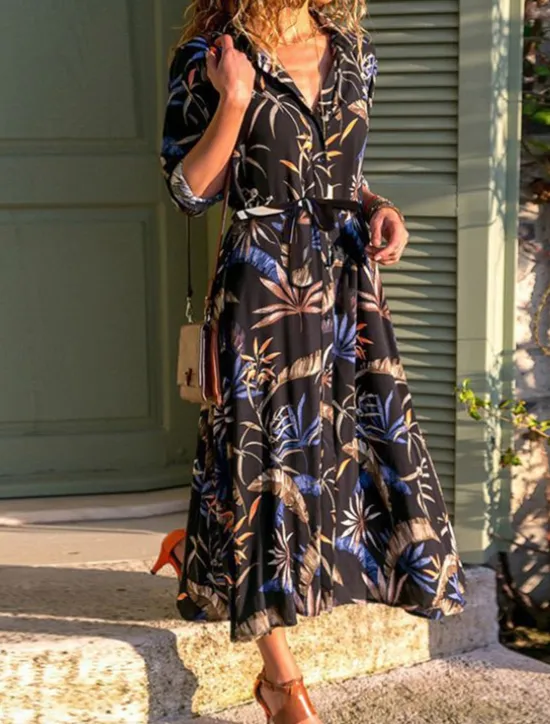 Sale Women's Shirt Dress Casual Dress Tunic Dress Midi Dress Outdoor Daily Date Basic Classic Shirt Collar Button Print 3/4 Length Sleeve Spring Fall Loose Fit Floral Women Casual Dress