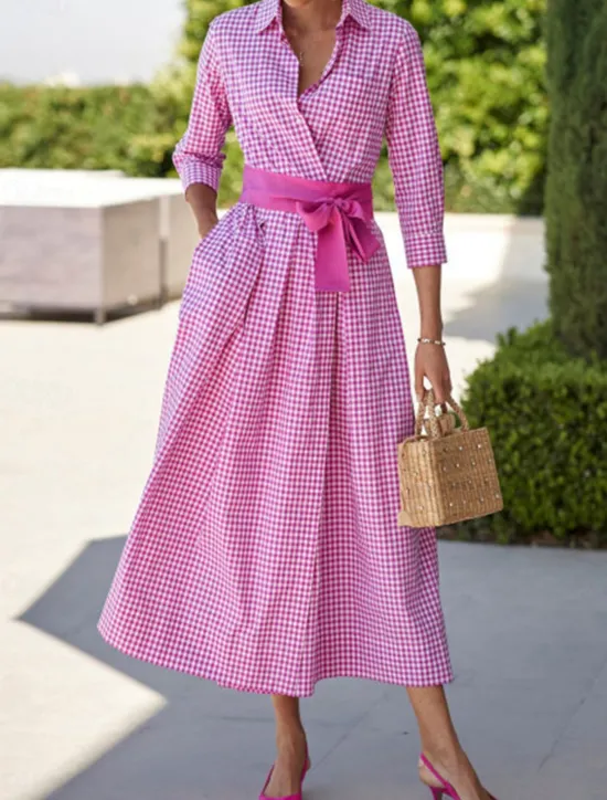 Discount Women's Shirt Dress Casual Dress Maxi long Dress Date Vacation Modern Casual Shirt Collar Lace up Button Long Sleeve Summer Spring Regular Fit Plaid Women Work Dresses