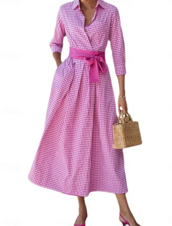 Discount Women's Shirt Dress Casual Dress Maxi long Dress Date Vacation Modern Casual Shirt Collar Lace up Button Long Sleeve Summer Spring Regular Fit Plaid Women Work Dresses