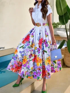 Clearance Women's Shirt Dress Casual Dress Swing Dress Maxi long Dress Outdoor Daily Date Fashion Modern Shirt Collar Button Print Short Sleeve Summer Spring Loose Fit Floral Women Vacation Dresses