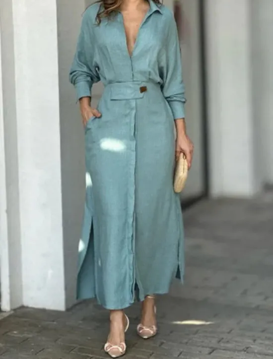Online Women's Shirt Dress Long Dress Maxi Dress Pocket Split Daily Date Vacation Active Fashion Shirt Collar Long Sleeve Black White Pink Color Women Work Dresses