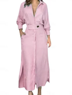 Online Women's Shirt Dress Long Dress Maxi Dress Pocket Split Daily Date Vacation Active Fashion Shirt Collar Long Sleeve Black White Pink Color Women Work Dresses