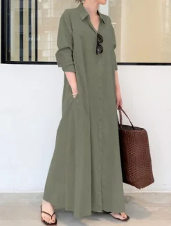 Outlet Women's Shirt Dress Maxi Dress Button Pocket Casual Shirt Collar Long Sleeve Black Green Coffee Color Women Work Dresses
