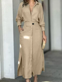 Hot Women's Shirt Dress Maxi long Dress Office Daily Basic Modern Shirt Collar Pocket Long Sleeve Summer Spring Regular Fit Plain Women White Dresses