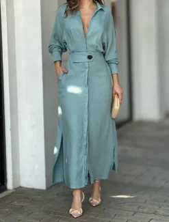 Hot Women's Shirt Dress Maxi long Dress Office Daily Basic Modern Shirt Collar Pocket Long Sleeve Summer Spring Regular Fit Plain Women White Dresses